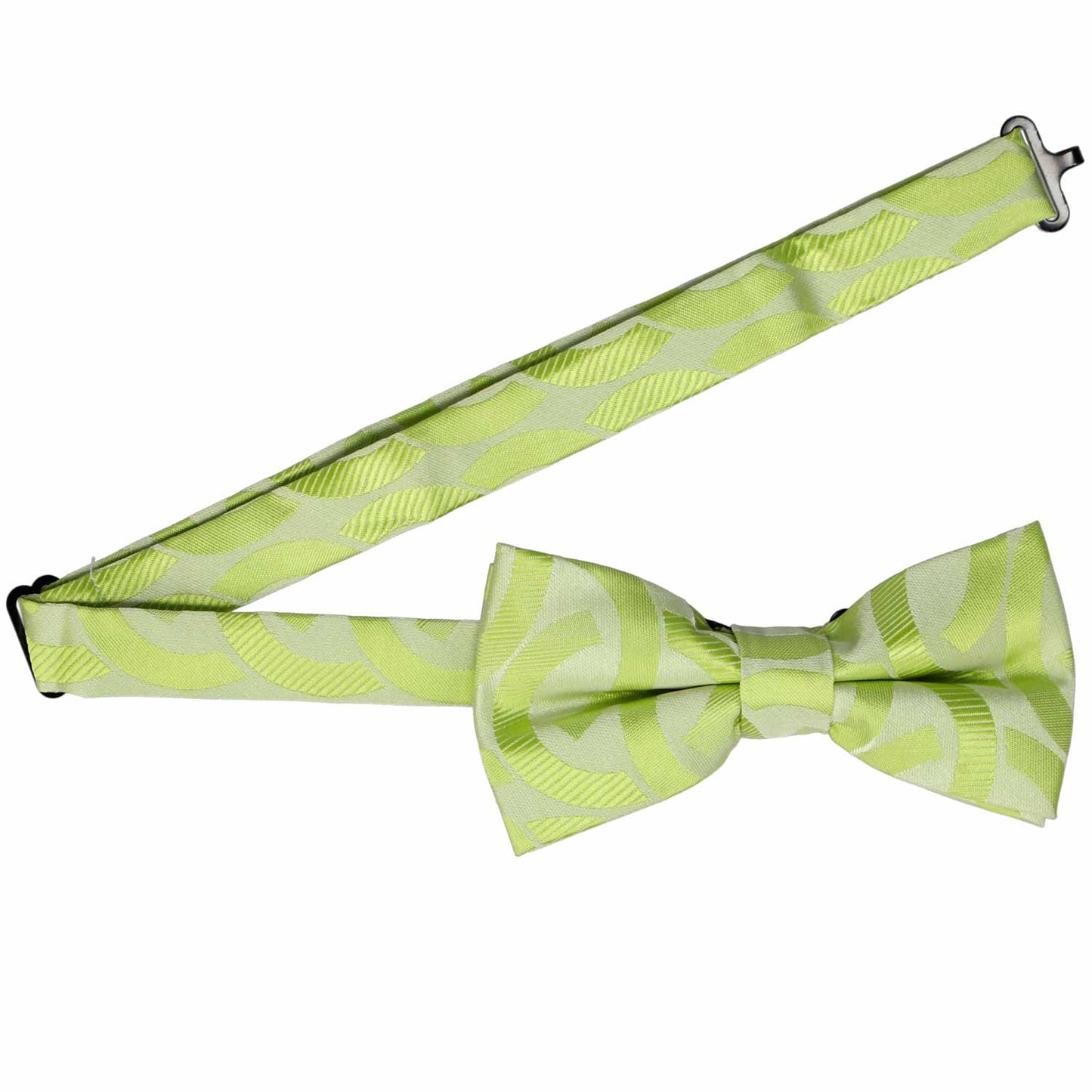 Open band collar on an apple green large link pattern pre-tied bow tie