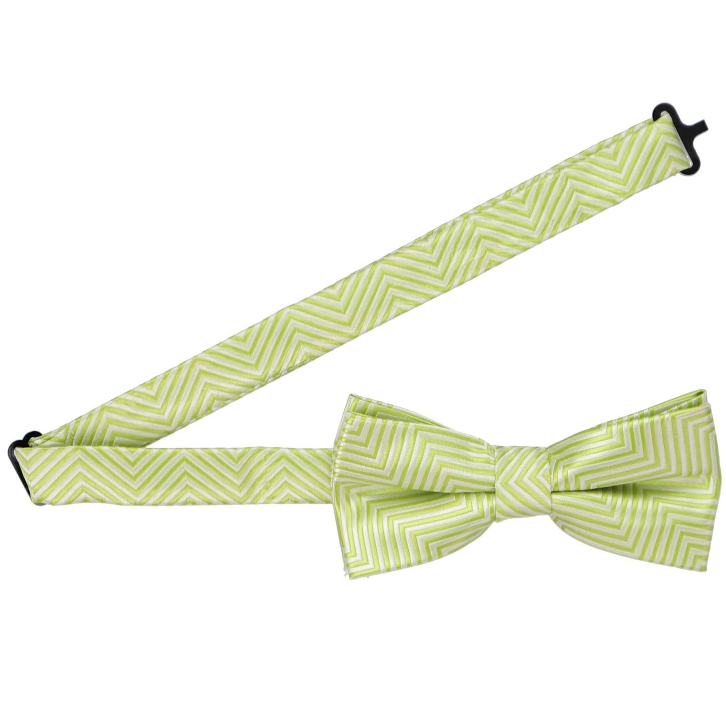 Open collar on an apple green chevron striped bow tie