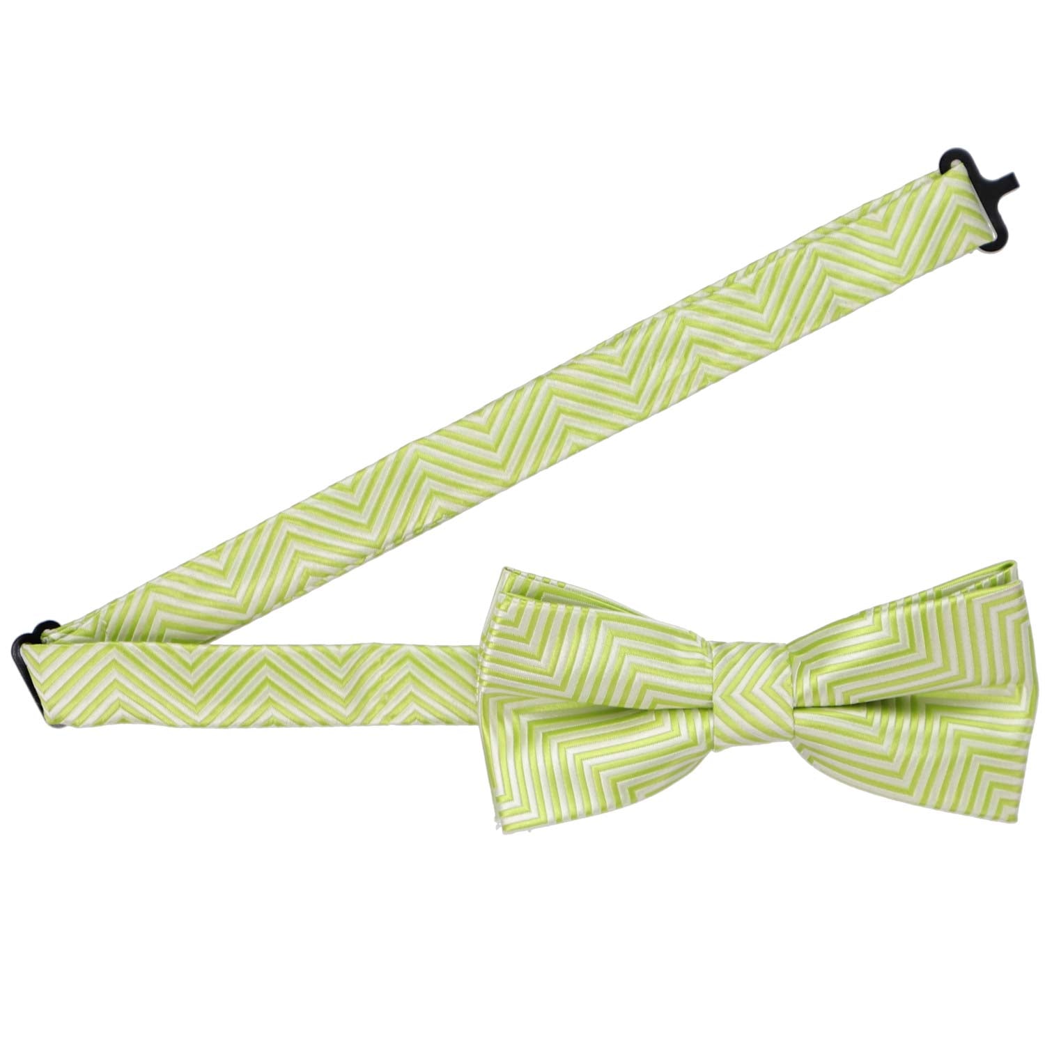 Open collar on an apple green chevron striped bow tie