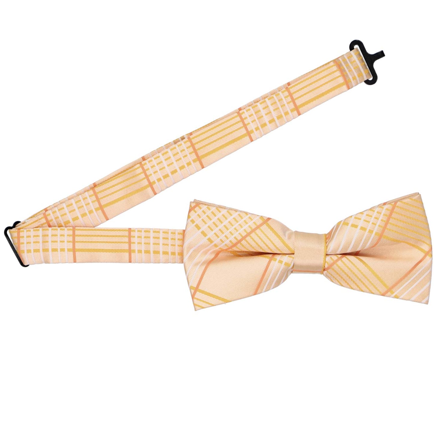 Open band collar on an apricot plaid bow tie