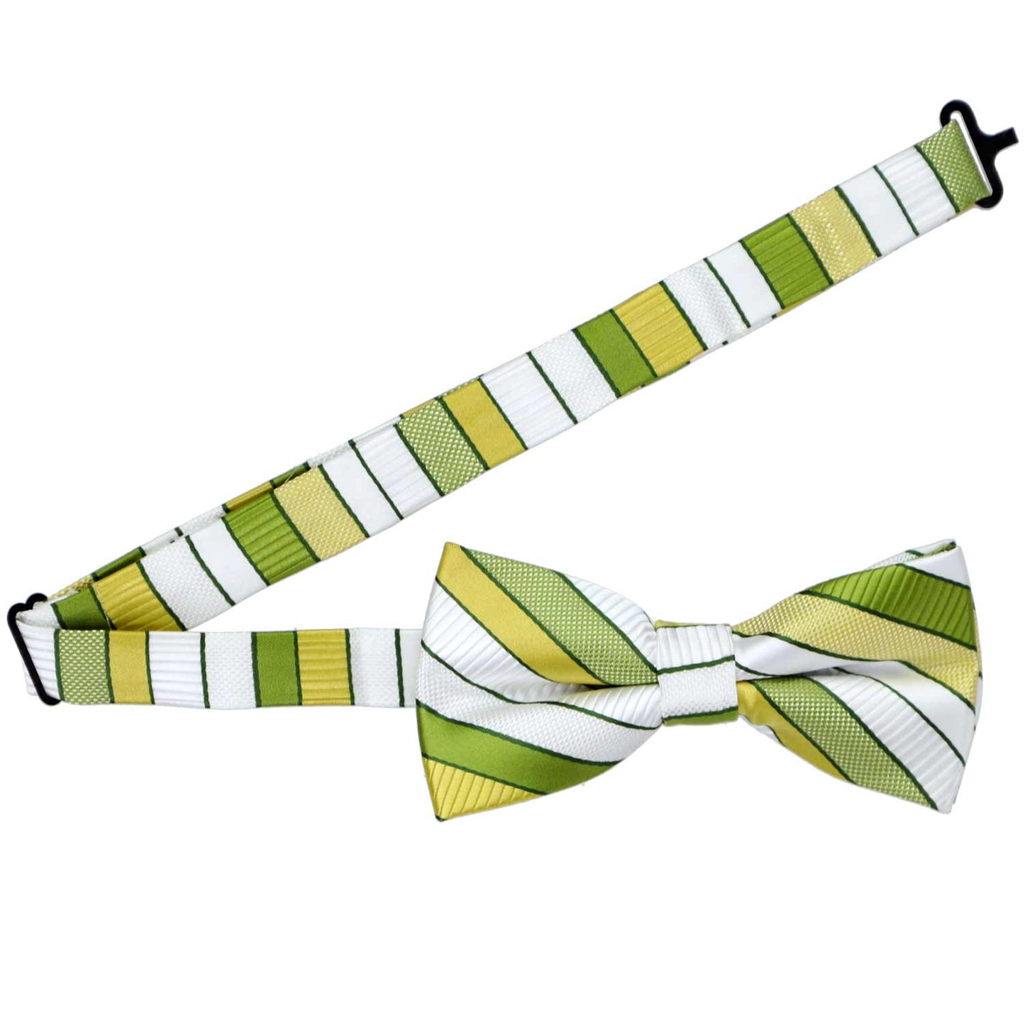 Open band collar on an asparagus striped bow tie