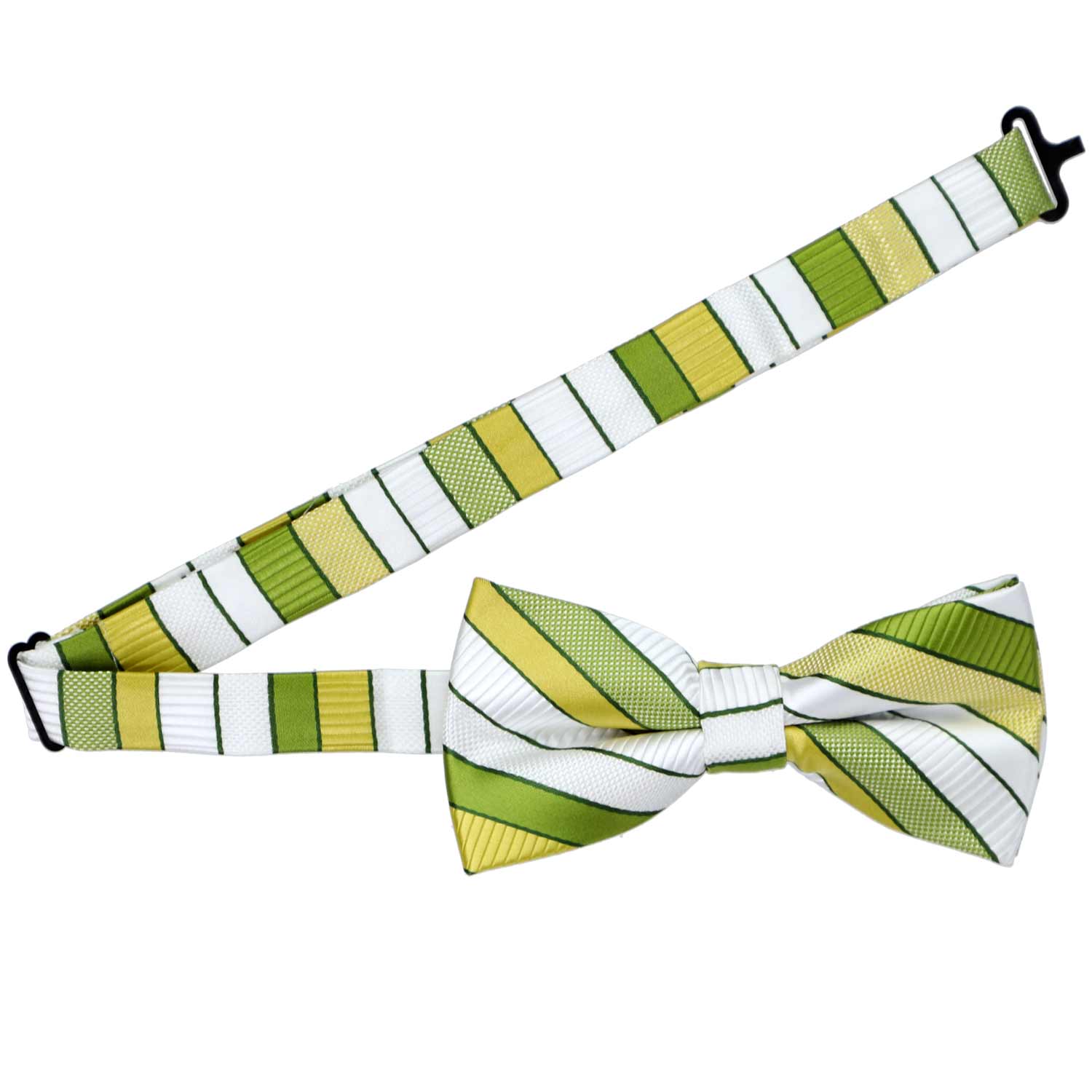 Open band collar on an asparagus striped bow tie